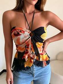 Resyla Women's Vacation Casual Floral Print Ruffle Trim Halter Neck Blouse - Multicolor - View 3