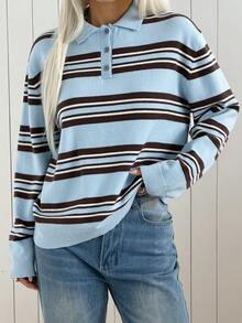 SHEIN EZwear 女士条纹长袖高领休闲宽松毛衣 - 彩色 - 查看 2