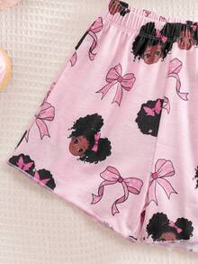 SHEIN 2pcs/Set Young Girl Knitted Cute Girl Pattern Camisole And Shorts Pajamas Set - Multicolor - View 4