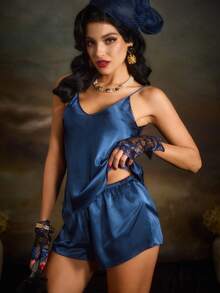 PinupPomp Conjunto De Pijama De Satén Para Mujer Con Encaje - Azul Marino - Ver 1