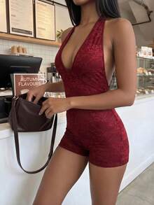 FavEase Bộ jumpsuit ren gợi cảm cổ chữ V sâu, hở lưng, kiểu yếm, dành cho nữ, thích hợp cho mùa hè. - Màu Đỏ Sâu - Xem 4