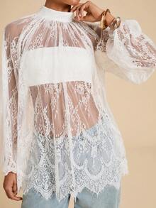 Travachic Áo blouse ren xuyên thấu lưới cho nữ - trắng - Xem 4