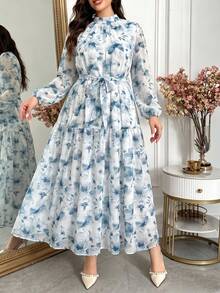 Modelyn 大码雪纺长袖A字印花休闲长连衣裙，适合女性通勤穿着。 - 藍色 - 查看 3