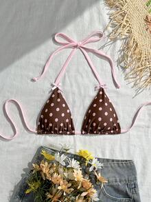 Swim Mod 女款春夏棕色與粉色波點印花蝴蝶結裝飾V領露背掛脖三角比基尼上衣，甜美度假海灘派對性感風 - 彩色 - 查看 2