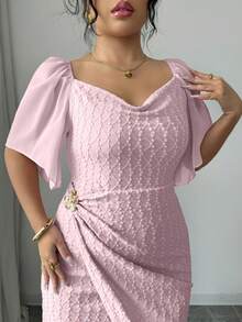 Modelyn Plus Size Women's Metal Buckle Contrast Color Draped Neck Chiffon Transparent Ruffle Sleeve Fitted Front Slit Elegant Curve Dress Wedding Guest Pink - Pink - View 4
