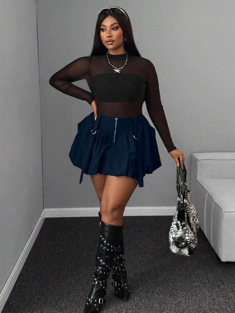 Maweii Plus Size Navy Blue Skirt, Floral Bud Waist Zipper Smart Casual Night Niche Design Street Style Elegant New Fall Winter Essential - Navy Blue - View 7