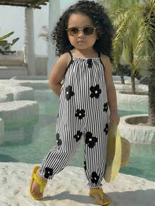 SHEIN Baby Girl Woven Floral & Striped Casual Jumpsuit - Green - View 1