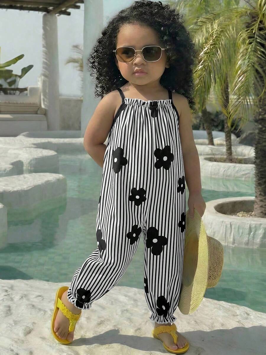 SHEIN Baby Girl Woven Floral & Striped Casual Jumpsuit - Green - View 1