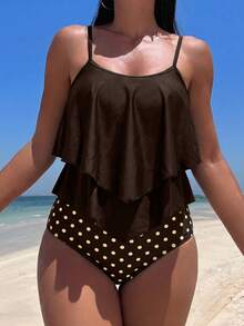 Swim Lushoire Women's Beach Vacation Ruffle Strap Tankini Set, Random Print - Brown - View 3