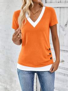 EMERY ROSE Women's V-Neck Color Block Casual Versatile Daily Wear Short Sleeve T-Shirt - Multicolor - View 5