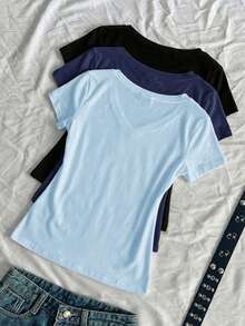 3 piezas Camisetas ajustadas de cuello en V de verano para mujer, camisetas básicas de manga corta de ajuste ceñido de unicolor con estilo subcultura punk anime - Multicolor 9 - Ver 2
