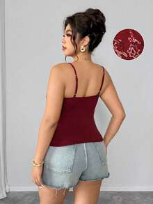 SHEIN Clasi Plus Size Multicolor Sequin Pattern Mesh Patchwork Solid Color Fabric Camisole, Casual Outdoor, Date, Party, Beach Holiday Camisole - Burgundy - View 2