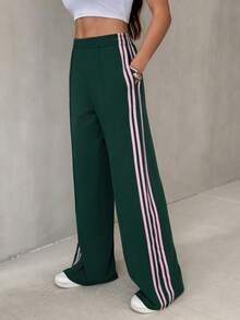 SHEIN Tall Quần thể thao nữ ống rộng, cạp chun, kẻ sọc bên hông, dáng rộng thoải mái, thích hợp cho mùa xuân/hè trở lại trường học. - Nhiều màu - Xem 3