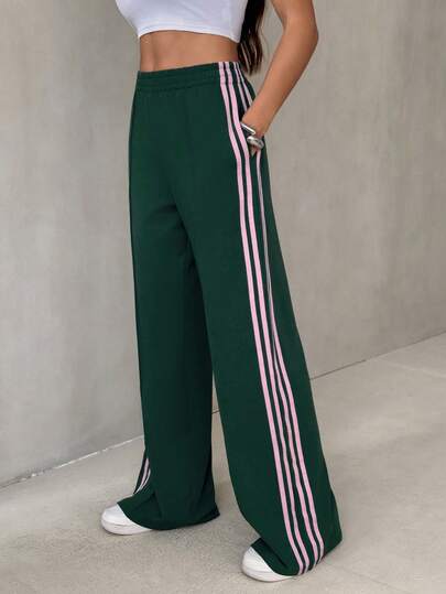 SHEIN Tall Women's Elastic Waist Side Striped Wide Leg Loose Casual Sweatpants, Suitable For Spring/Summer Back To School Season