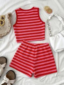 SHEIN Tween Girls Cute Red Polka Dot Summer 2 Pieces Set,Textu Jacquard Cropped Top And Elastic Waist Shorts,Casual Vacation Holiday Beach Wear For Kids - Red - View 6