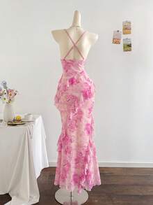 Soleia Women's Colorful Vintage Floral Print Draped Neck Layered Ruffle Hem Dress, Vacation Style,Dresses For Women Summer - Pink - View 2