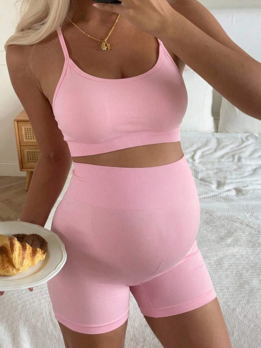 SHEIN Maternity Casual Solid Color Tight Camisole And Shorts Set, Summer - Pink - View 1