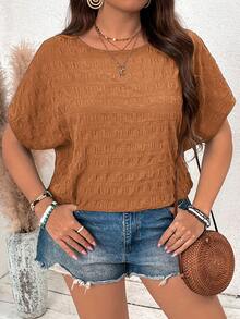 SHEIN VCAY Plus Size Batwing Sleeve Textured Round Neck Casual Shirt - Khaki - View 1