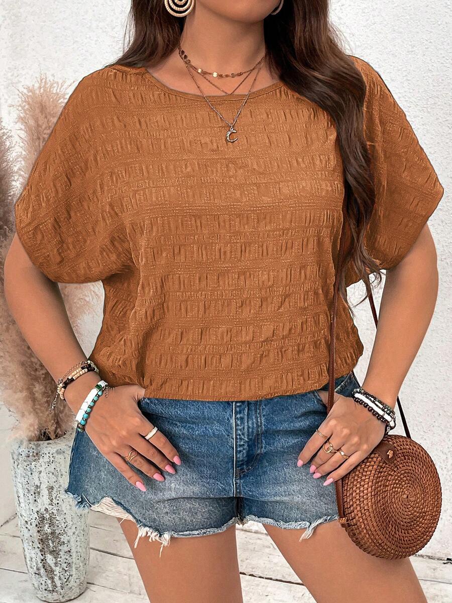 SHEIN VCAY Plus Size Batwing Sleeve Textured Round Neck Casual Shirt - Khaki - View 1
