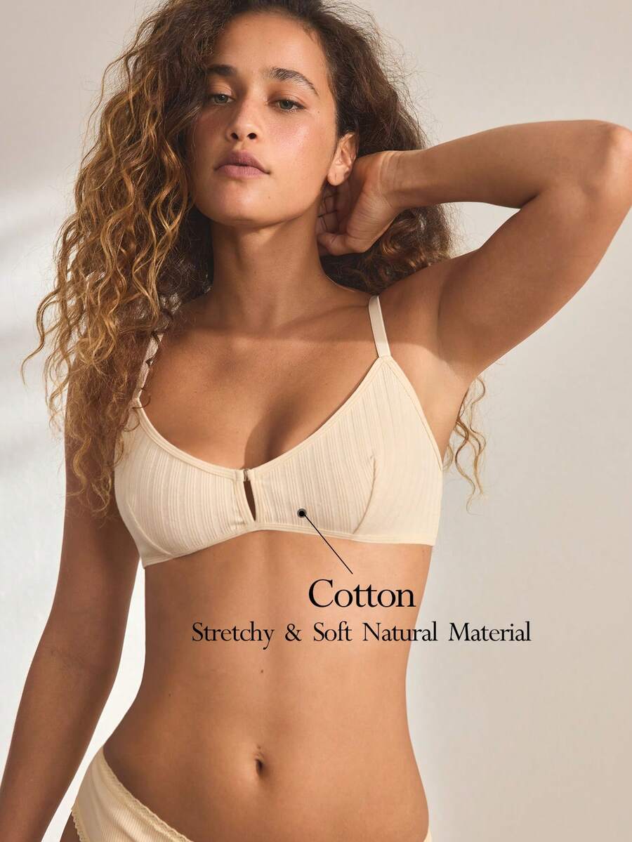 Ocili 条纹舒适简约前扣式柔软棉质女士文胸 - 卡其色 - 查看 1