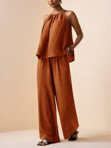 Zivah Women's Rust Brown 2-Piece Outfit,Elegant Summer Vacation Holiday Set,Halter Neck Ruched Loose Top & Ruched Wide Leg Pants With Real Pockets,Bamboo - Redwood - View 3