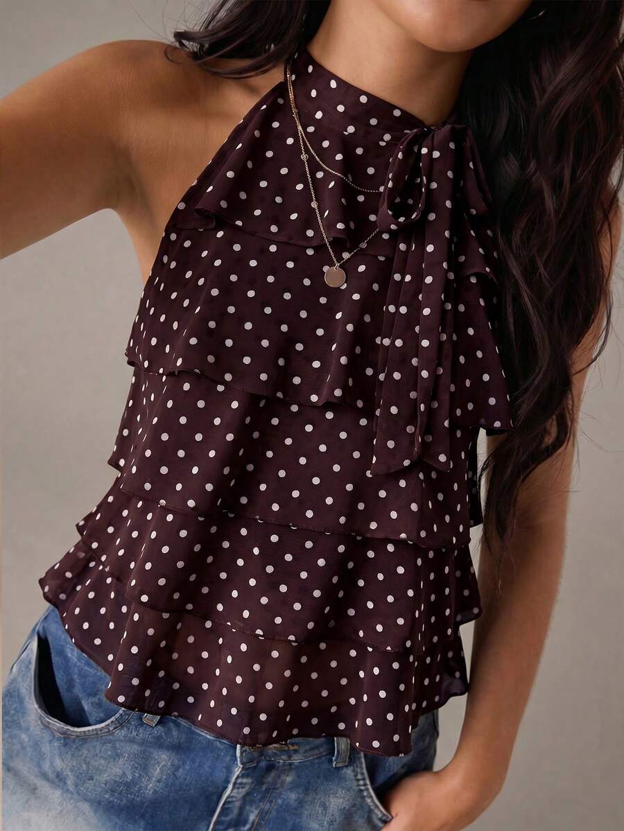 SHEIN BAE Blusa de mujer con estampado de lunares y cuello con volantes multicapa - Café integral - Ver 1