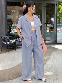 Modelyn Plus Size Women's Business Casual Vacation Commute Blue And White Print Drop Shoulder Loose Shirt And Wide Leg Pants Set, Spring/Summer - Blue - View 1