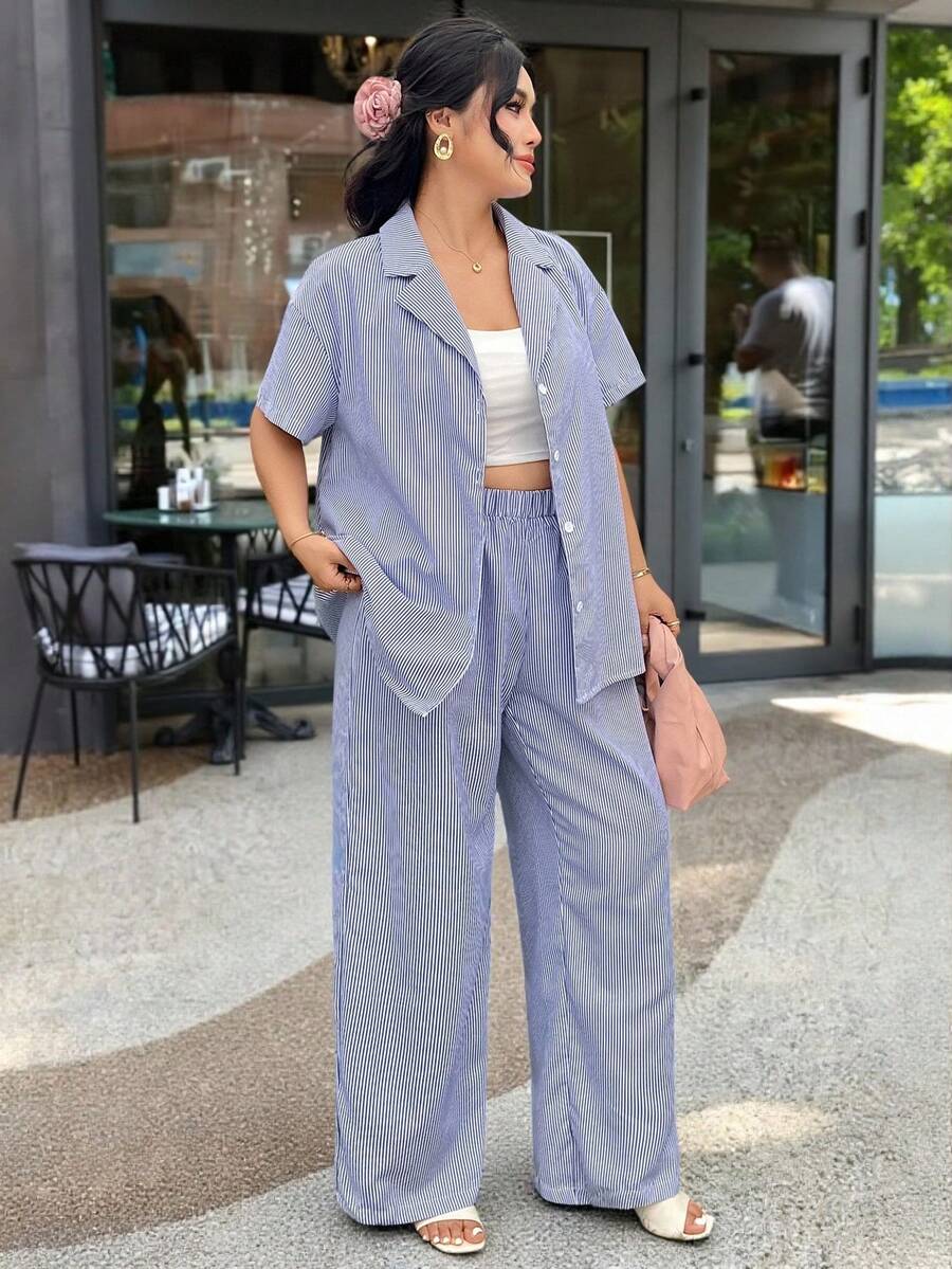 Modelyn Plus Size Women's Business Casual Vacation Commute Blue And White Print Drop Shoulder Loose Shirt And Wide Leg Pants Set, Spring/Summer - Blue - View 1