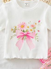 SHEIN 2pcs Young Girl Knitted Solid Floral Pattern Casual T-Shirt And Floral Bell-Bottom Pants Set - Pink - View 7