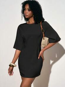 Zivah Chic Black Summer Round Neck Short Sleeve Fitted Linen Mini Dress For Brunch,Vacation,Beach,Party,Wedding Guest,Commute & Casual Daily Wear - Black - View 10