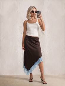Sinnesro Dark Brown Summer Color-Blocked Midi Skirt,Elegant Date Night Vintage Style,Stylish High-End Vacation Commute Relaxed Fashionable Skirts ,Petite Women - Brown - View 4