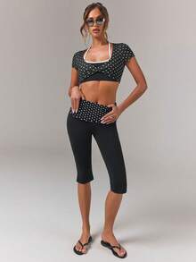 Athîral Quần legging lửng dáng ôm, xẻ tà, chấm bi đen, kiểu dáng thường ngày, dành cho nữ. - màu đen - Xem 3