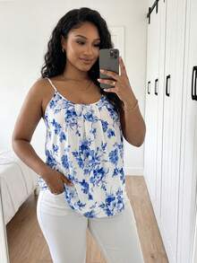 Reflora Plus Size Women Floral Print Ruched Camisole Top,Blue And White Boho Summer Vacation Holiday Beach Outfits,Elegant Casual Blouses For Ladies - Blue - View 5