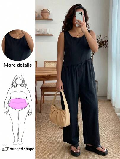 Enliva Bộ áo liền quần dáng rộng, thoải mái, không tay, cổ tròn, eo cao, dáng lửng dành cho nữ, cỡ lớn, mùa hè, có túi.