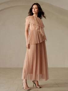 BELROSIE European And American Style Spring/Summer New Fashionable Versatile Solid Color Mesh Crinkle Multi-Layer Ruffle Hem Long Sleeveless Dress - Dusty Pink - View 4