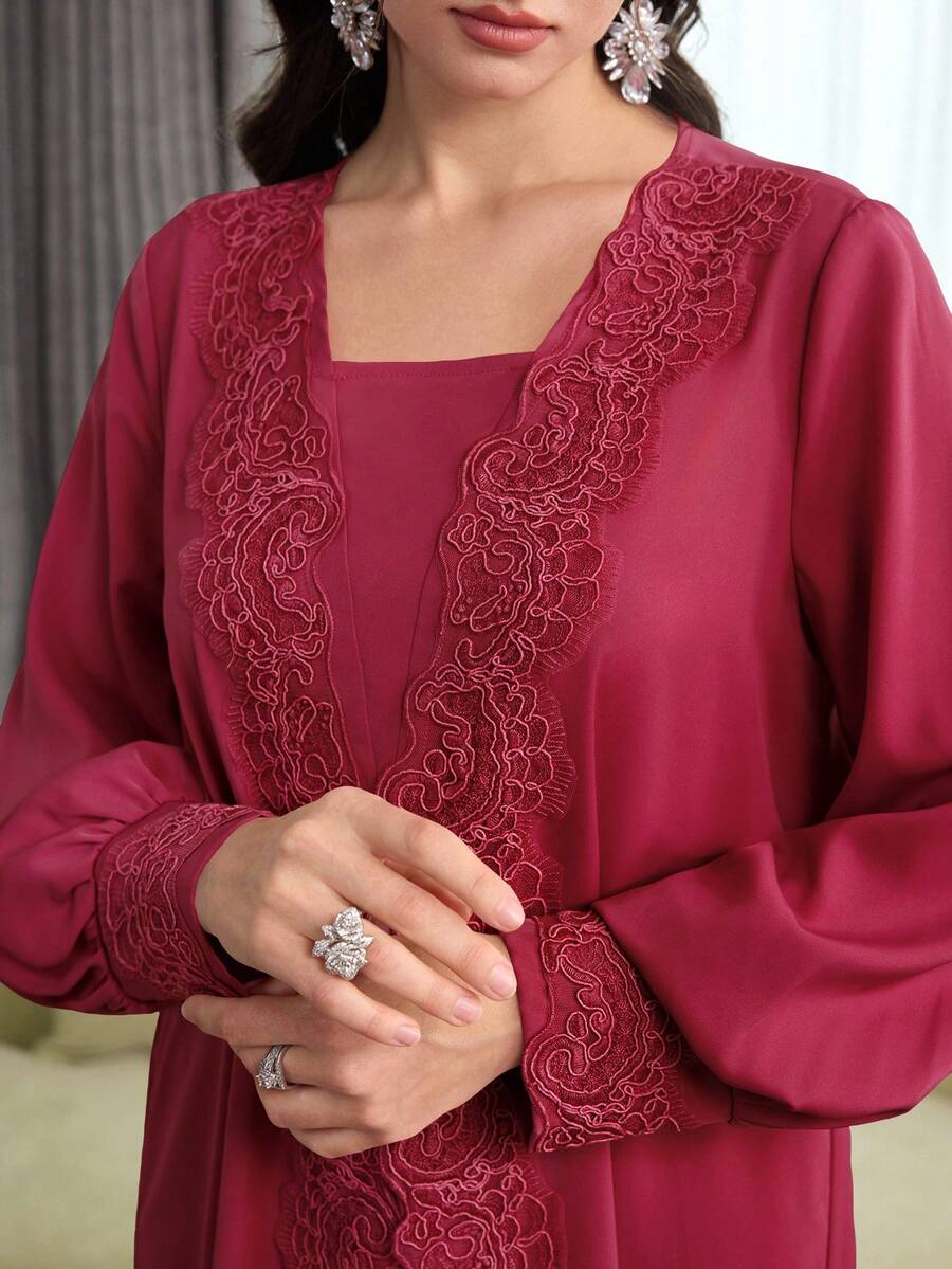 Yasmyna Elegante bata de fiesta holgada con parches de encaje floral para mujeres - Burdeos - Ver 1