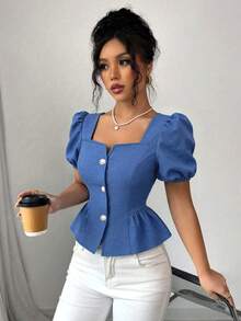 Elenzga Women's Aqua Blue Summer Elegant Tea Party Vacation Square Neck Textured Open Front Petal Sleeve Ruffle Hem Casual Blouse,Versatile For Work,Date - Blue - View 4