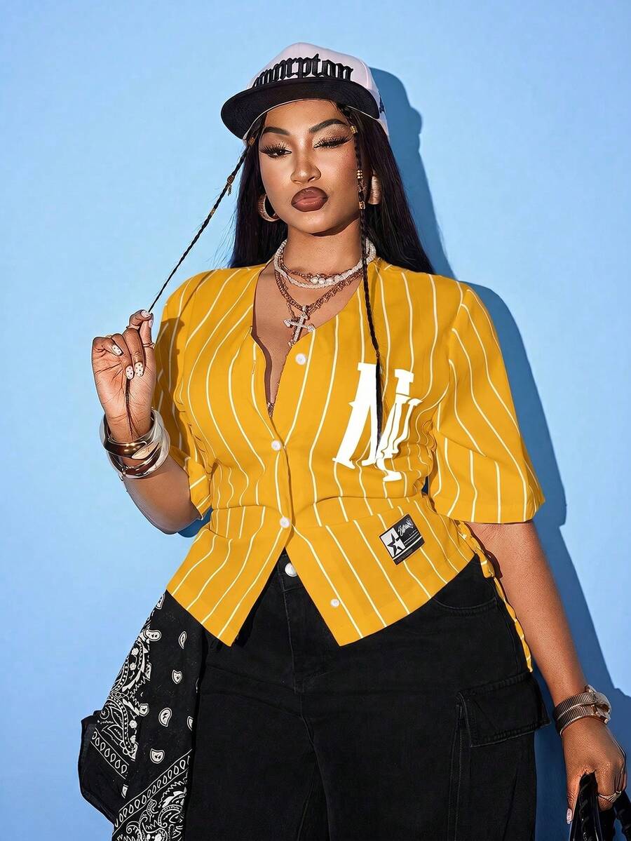 Maweii Plus Size Women's White Striped Shirt, Letter Print Short Sleeve Top With Side Drawstring - Yellow - View 1