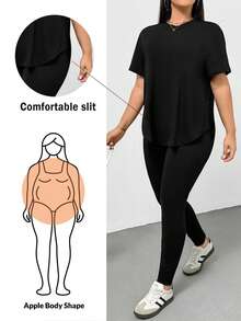 SHEIN Essnce 大码夏季休闲纯色T恤和打底裤两件套 - 黑色 - 查看 5