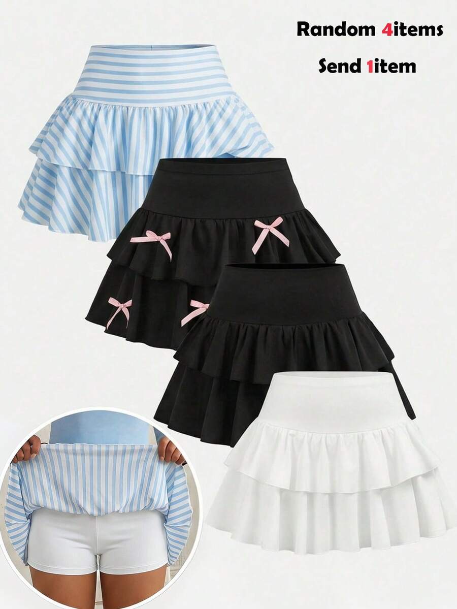 SHEIN Girlism 随机4件,赠送1件。少女休闲、运动、校园、返校季,黑色荷叶边下摆短裤搭配伞裙,春夏皆宜,适合夏季休闲、校园、运动、户外野餐、街头摄影、母亲节、毕业典礼等场合,也适合春夏日常、外出、度假、节日穿着,时尚女孩,休闲装,新款,返校季,轻松休闲风,返校季 - 彩色 - 查看 1