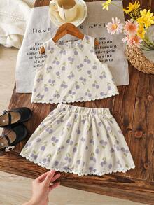 Emery Rose Kids Emery Rose Kids 女童两件套：碎花蕾丝边无袖上衣和裙子 - 淺灰紫 - 查看 7