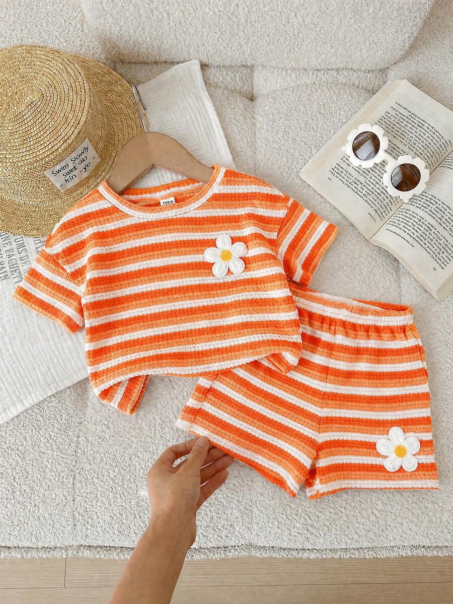 SHEIN LMoss Kids 2件套女婴针织条纹圆领T恤和短裤套装 - 橘色 - 查看 1