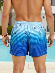 Manfinity KASUA Men's Gradient Color Anchor Striped Print Drawstring Waist Beach Shorts, Holiday - Royal Blue - View 2