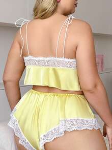 PetitDoll 2 piezas Conjunto de pijama de talla grande con parches de encaje - Amarillo - Ver 2