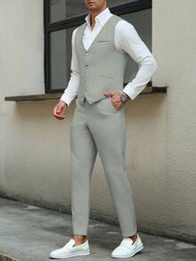 Calvornis Men Business Formal Button Front Vest Suit Blazer And Tailored Pants And Men Vest Suit Clothing 2 Pieces Set For Ceremony - Green - View 6