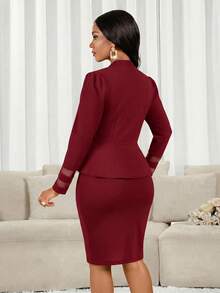 SHEIN Lady Bộ 2 món áo dài tay và chân váy công sở tối giản màu đỏ tía dành cho nữ, thích hợp cho mùa thu/đông. - Màu Đỏ Sâu - Xem 2