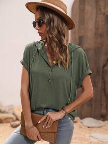 SHEIN PETITE Women's Army Green Hooded T-Shirt,Summer Casual Vacation Short Sleeve Henley Neck Top,Loose Versatile Cotton Blend Tee For Daily Commute - Army Green - View 4