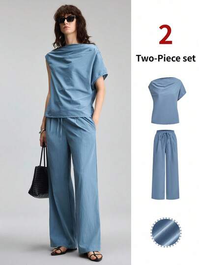 Ontre Bộ đồ nữ 2 mảnh 2026SS, áo kiểu bất đối xứng và quần ống rộng, chất liệu vải dệt mềm mại, dáng rộng, màu xanh trơn, thiết kế tối giản thanh lịch kiểu thành thị, eo chun, thích hợp cho đi chơi, du lịch, tiệc tùng, đám cưới, công sở, trường học, bộ đồ 2 mảnh thời trang đa năng.