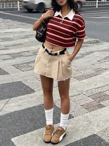 Coolane 女款春季街頭風出遊返校大學生學院風復古返校日Y2K日常穿搭休閒老錢風彈性舒適條紋短版POLO衫 - 彩色 - 查看 6