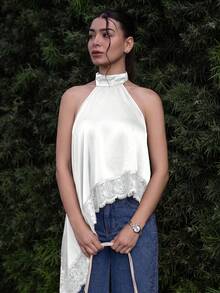 Andrea Bello 女款性感優雅蕾絲拼接掛脖露背緞面吊帶背心上衣 白色 夏季 - 白色 - 查看 3
